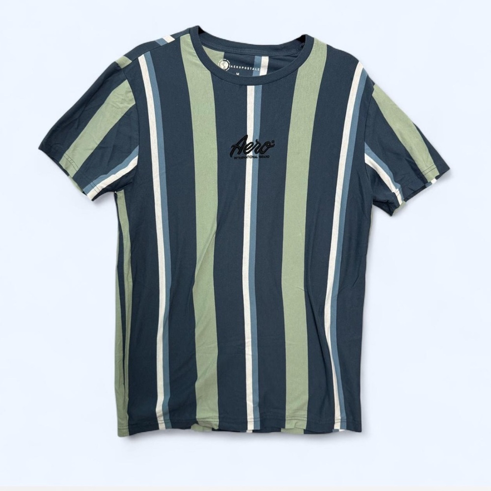 Aeropostale Men's Blue and Green Striped‎ Tee